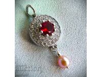 Silver locket with ruby and pink pearl