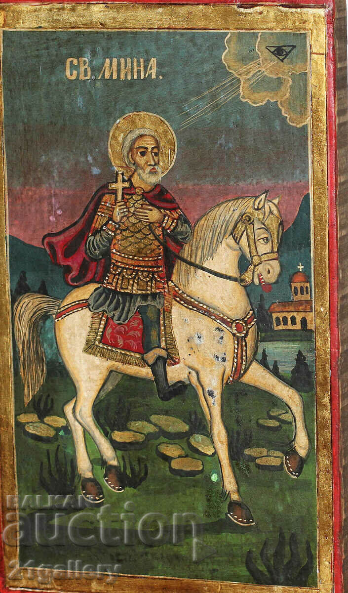 Auction Hand drawn icon of Saint Mina on a horse Auction Hand drawn icon of Saint Mina on a horse