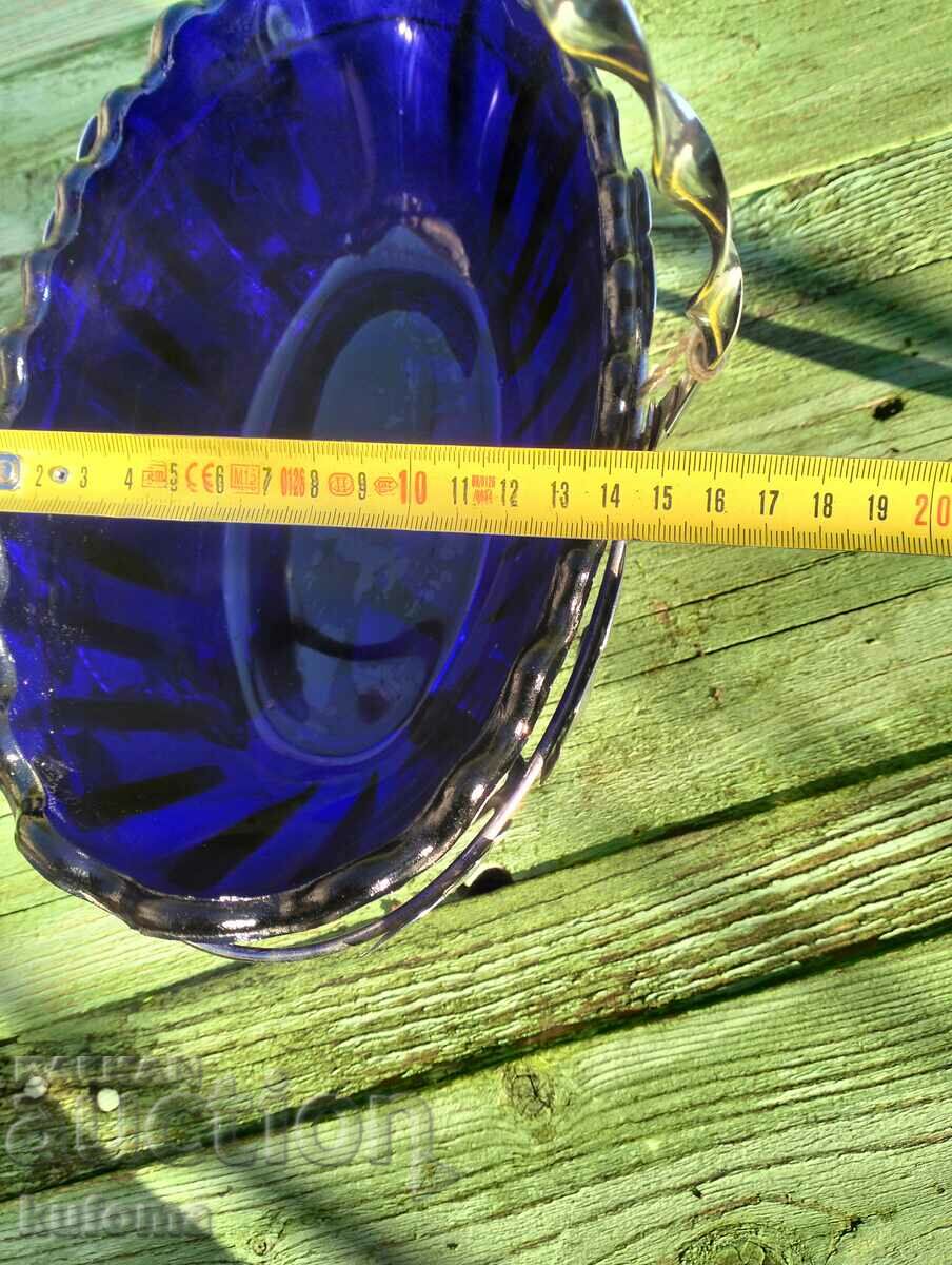Auction Chrome basket with cobalt blue glass bowl Auction Chrome basket with cobalt blue glass bowl