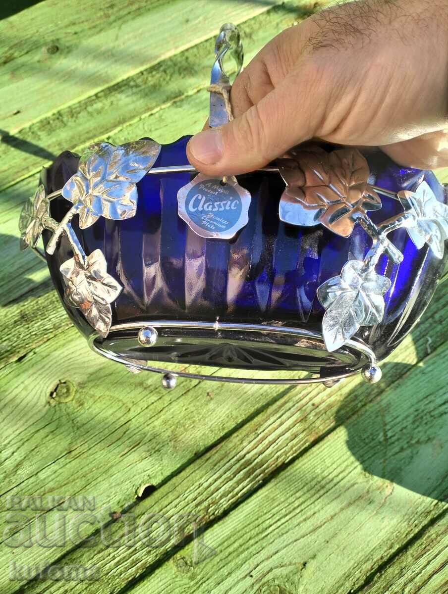 Chrome basket with cobalt blue glass bowl - 6 Chrome basket with cobalt blue glass bowl - 6