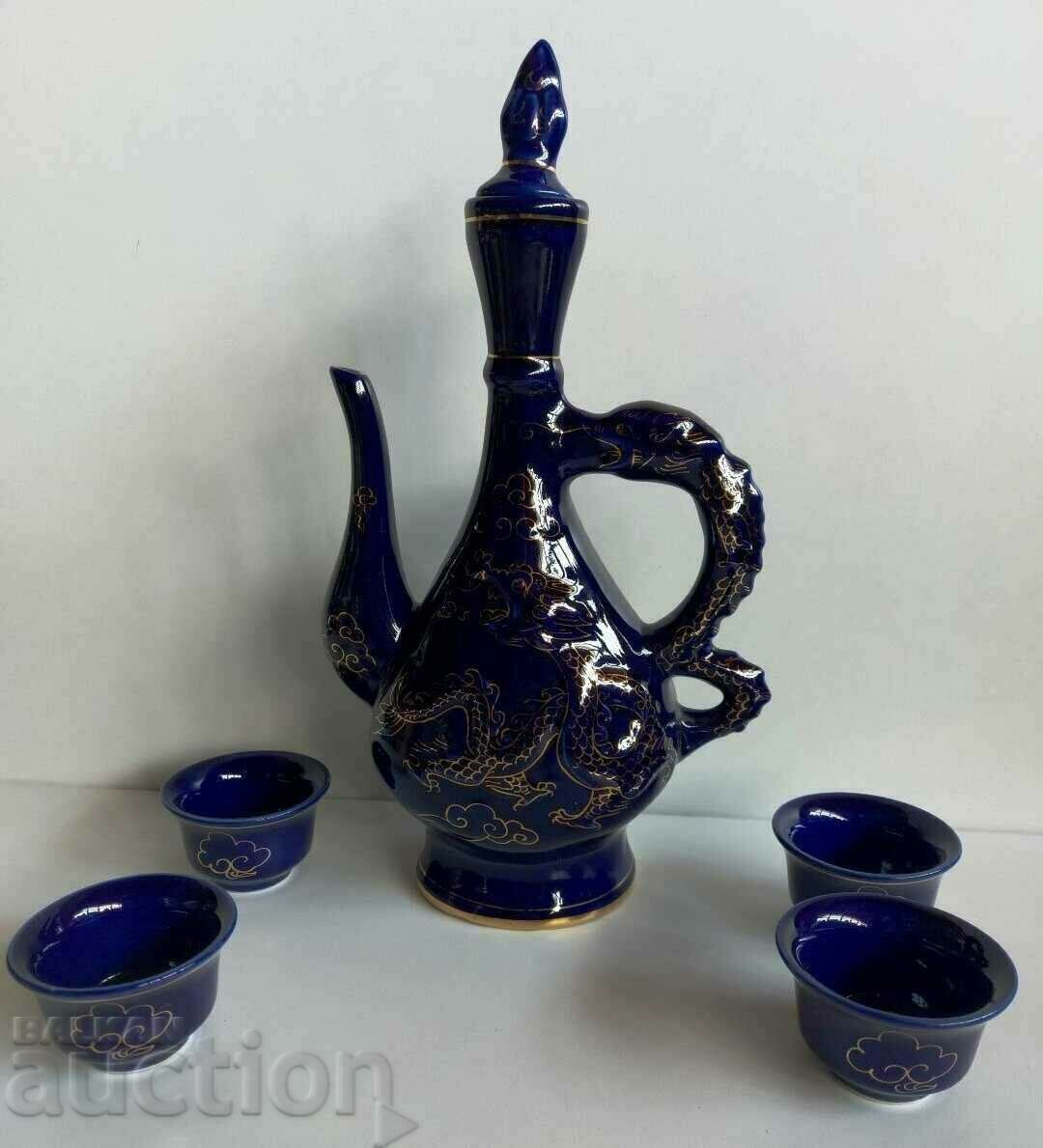 PORCELAIN CERAMIC MONGOLIAN SERVICE CARAFE CUPS COBALT VOS PORCELAIN CERAMIC MONGOLIAN SERVICE CARAFE CUPS COBALT VOS