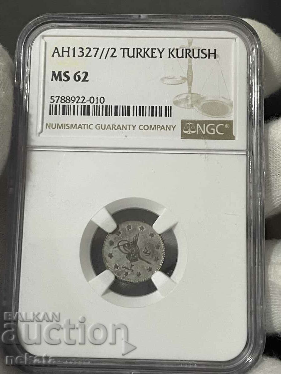 Ottoman Empire, 1 Kurush 1910, Silver NGC MS62