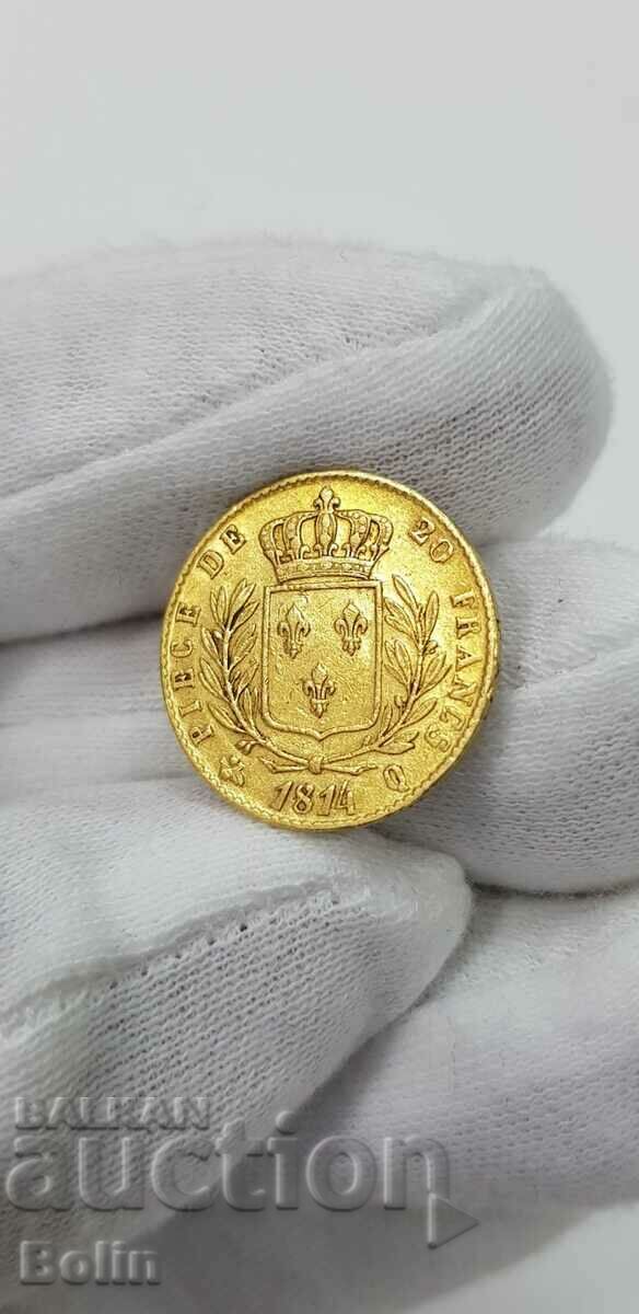 Rare Gold Coin 20 Francs 1814 Q Louis XVIII - France