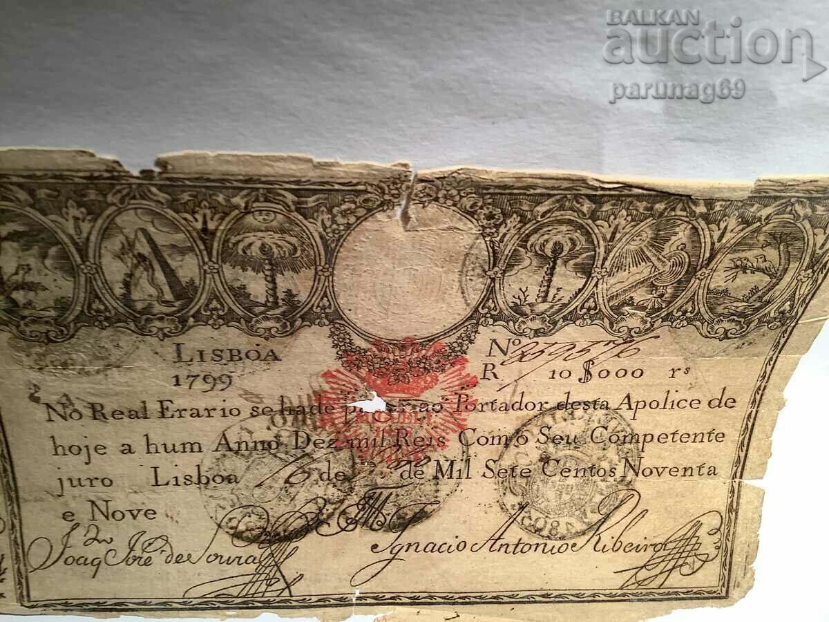 Доставка на Португалия 10000 рейс 1828 година Р 41b Доставка на Португалия 10000 рейс 1828 година Р 41b