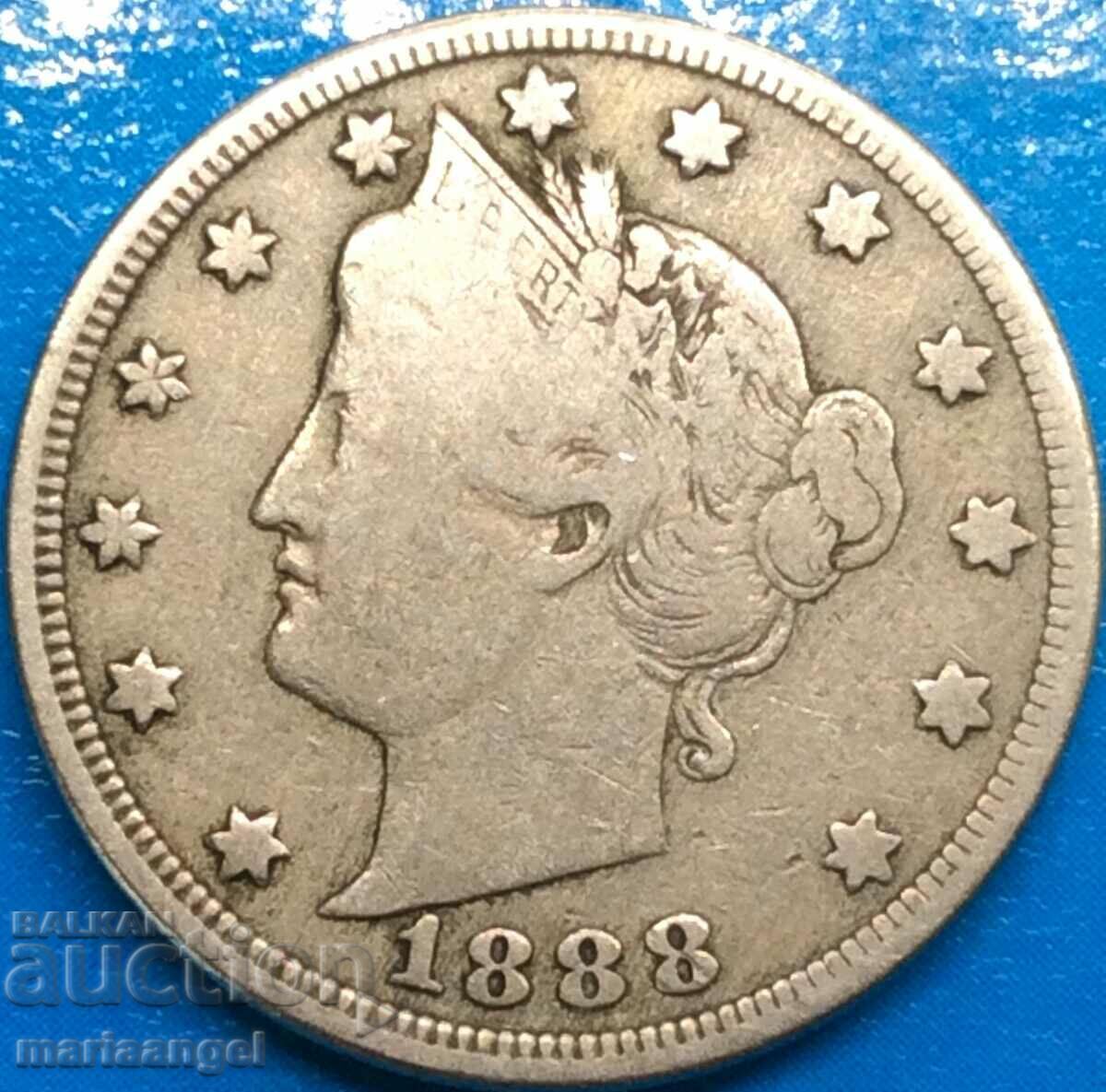 5 Cents 1888 USA Liberty Head Nickel - Rare Year!