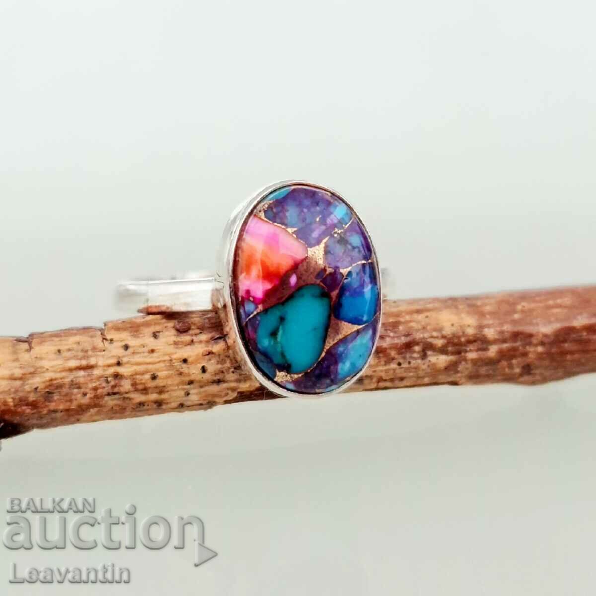 Pink Dahlia Copper Turquoise Silver Ring (5505)