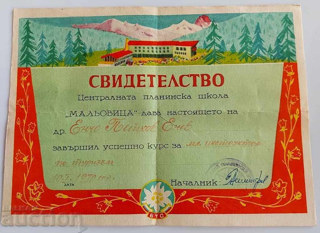 .1970 CERTIFICATE MOUNTAIN SCHOOL TOURISM INSTRUCTOR BTS