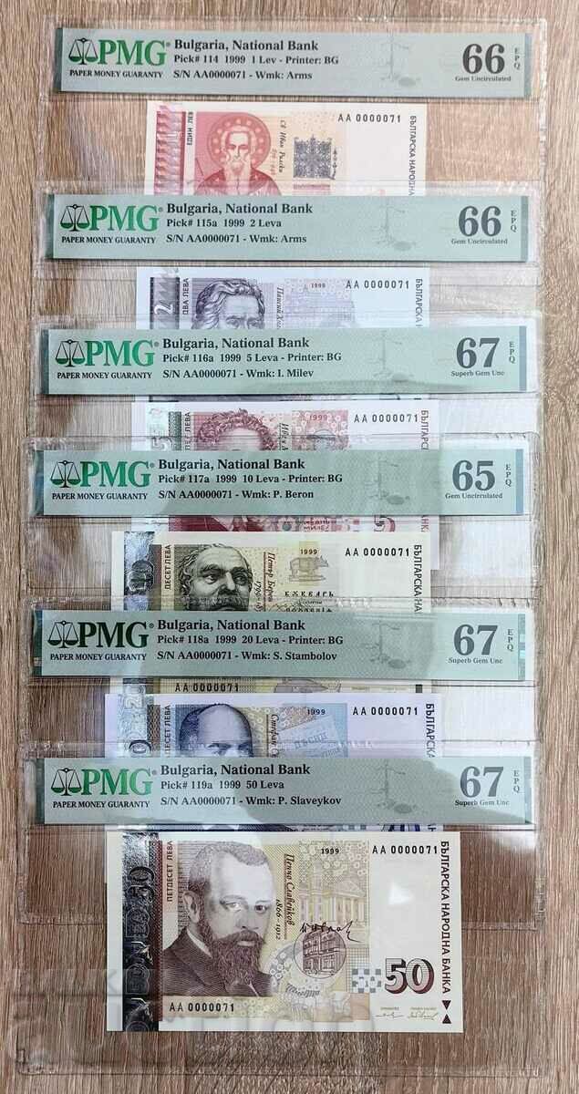 Lot complet de bancnote 1999 anul AA0000071 PMG cu preț 2500.00 BGN | € 1278.23 Lot complet de bancnote 1999 anul AA0000071 PMG cu preț 2500.00 BGN | € 1278.23