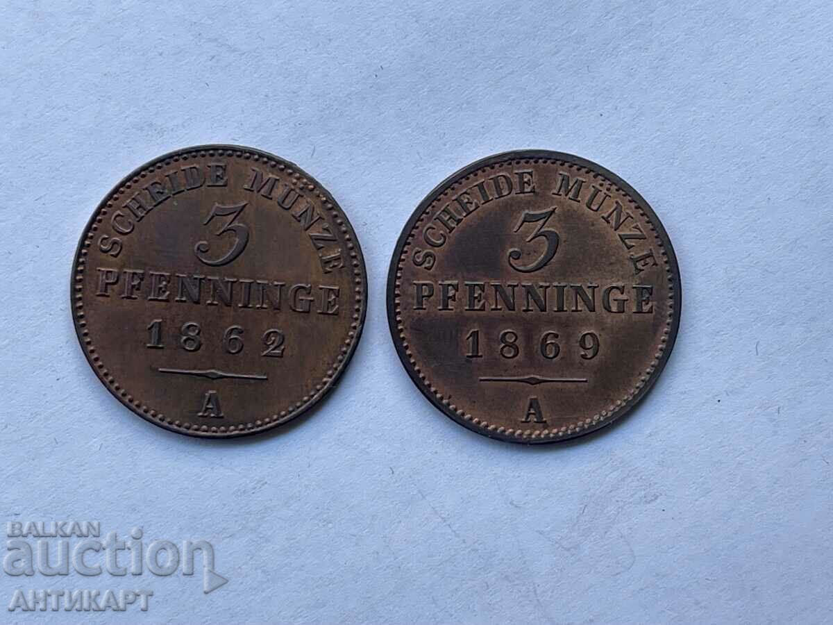 Germania 2 monede de 3 pfenninge 1862, 1869 lucios