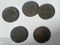 Германия 5 броя монета по 3 pfenninge 1846,1854,1865 ,68,69