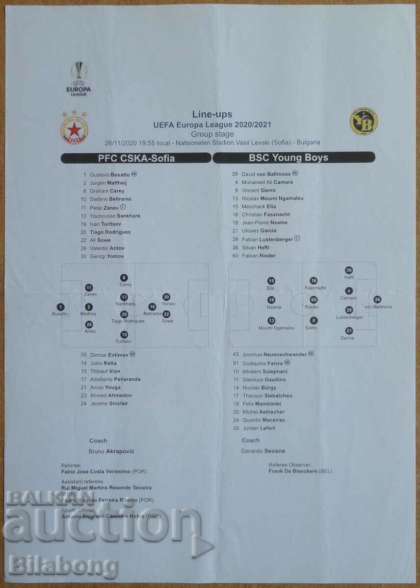 Football team sheet CSKA-Young Boys, Europa League - 2020