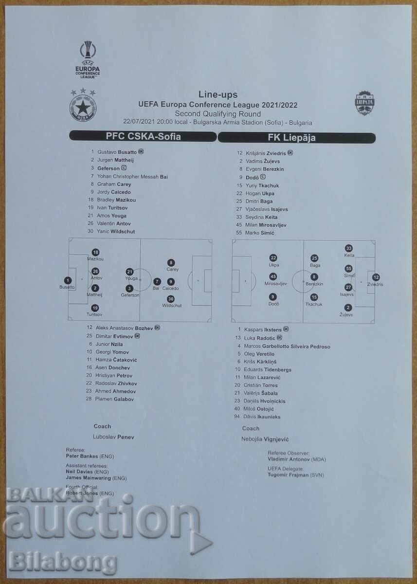 Football team sheet CSKA-Liepaja, Conference League - 2021