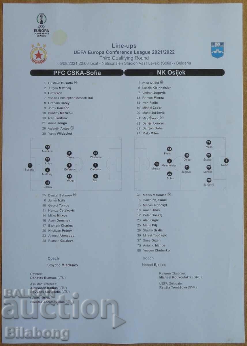 Football team sheet CSKA-Osiek, Conference League - 2021