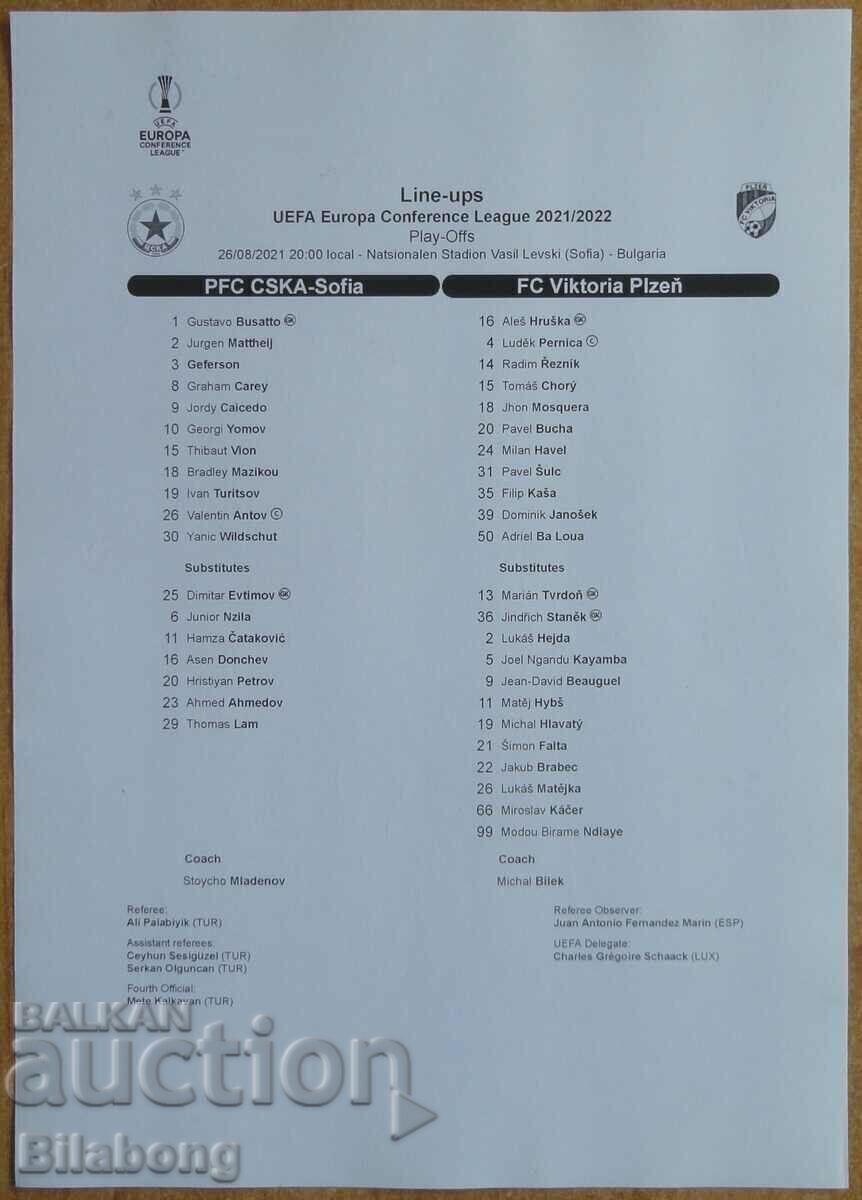 Football team sheet CSKA-Victoria (Pilsen), League of conf. - 2021