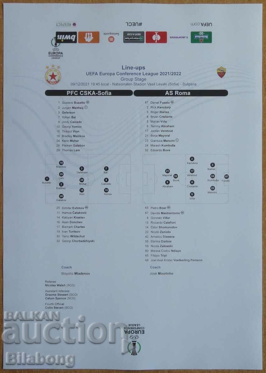 Football team sheet CSKA-Roma, Conference League - 2021 Football team sheet CSKA-Roma, Conference League - 2021