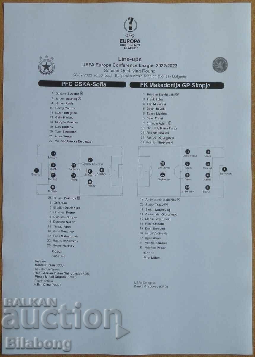 Football team sheet CSKA-Macedonia, League of conf. - 2022