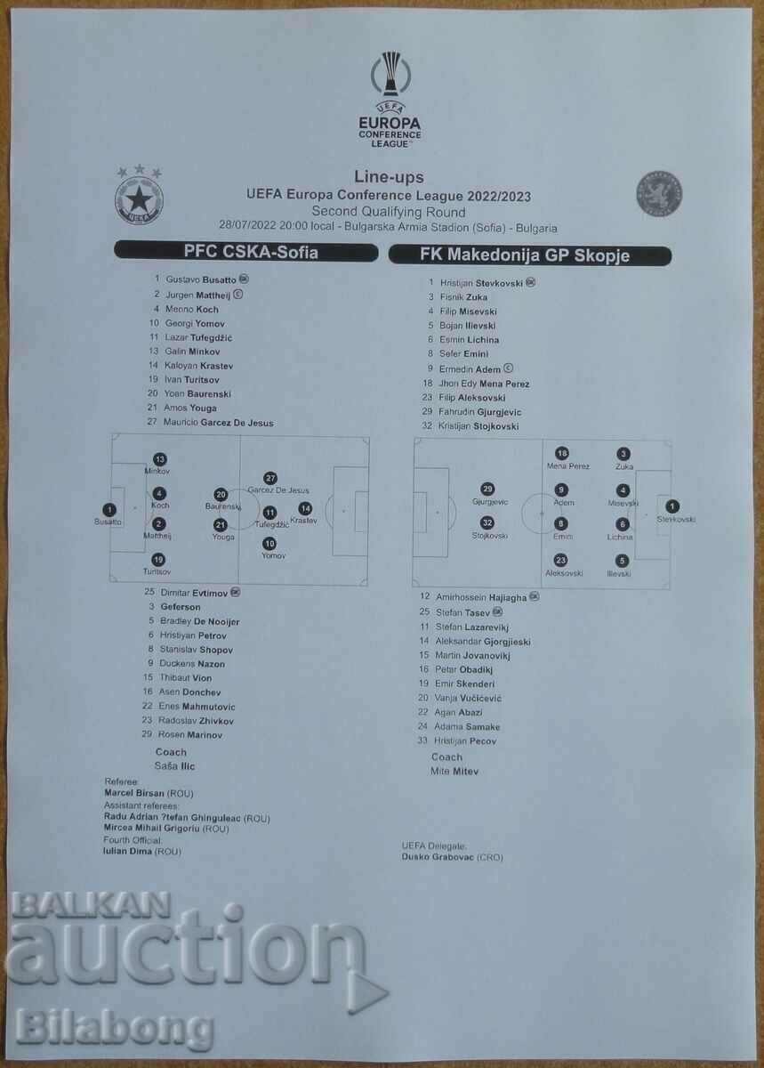 Football team sheet CSKA-Macedonia, League of conf. - 2022 Football team sheet CSKA-Macedonia, League of conf. - 2022