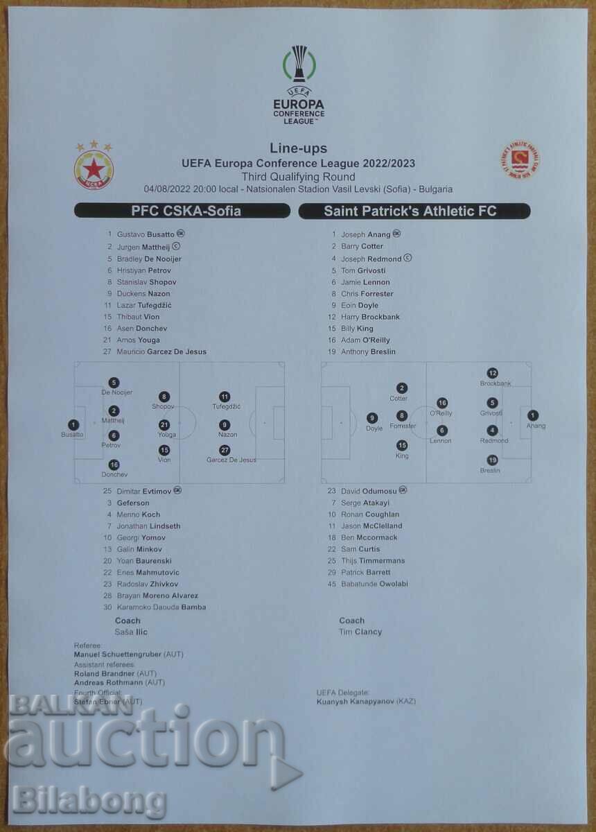 Football team sheet CSKA-St. Patrick, League of Conf. - 2022