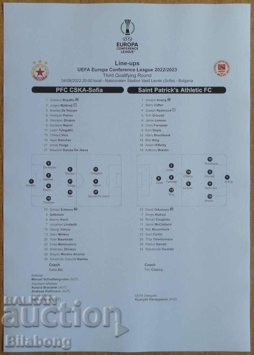 Fișa echipei de fotbal CSKA-Sf. Patrick, Liga Conf. - 2022