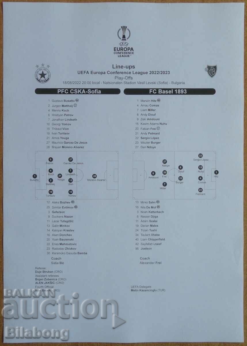 Football team sheet CSKA-Basel, Conference League - 2022