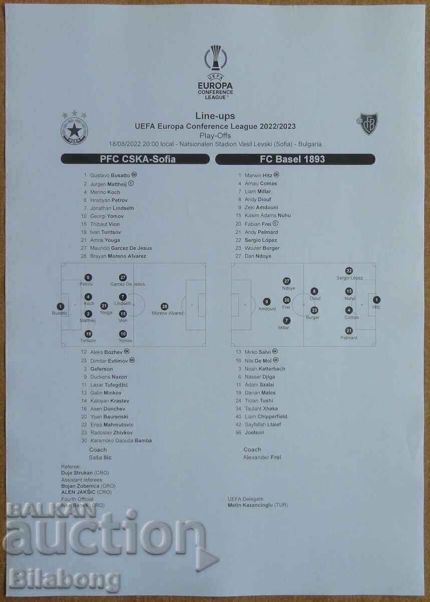 Foaia echipei de fotbal CSKA-Basel, Liga Conferințelor - 2022 Foaia echipei de fotbal CSKA-Basel, Liga Conferințelor - 2022