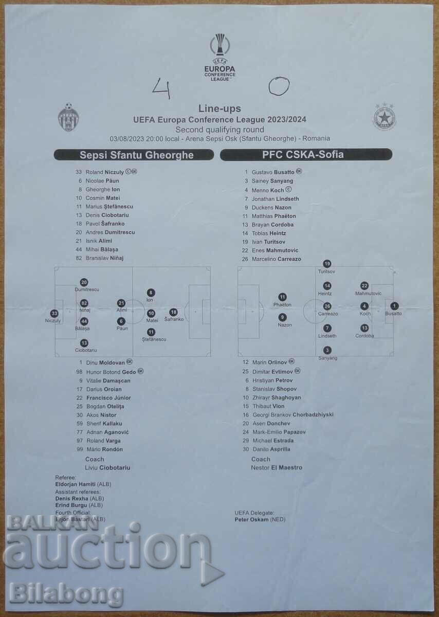 Football team sheet Sepsi-CSKA, Conference League - 2023