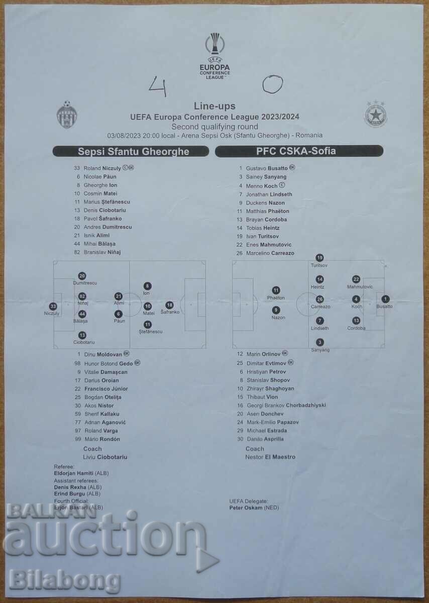 Football team sheet Sepsi-CSKA, Conference League - 2023 Football team sheet Sepsi-CSKA, Conference League - 2023