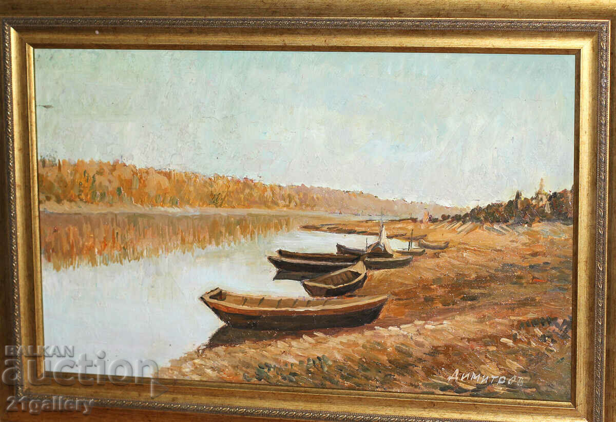 Stefan Dimitrov (1938) landscape with boats, oil paints with price 400.00 BGN | € 204.52