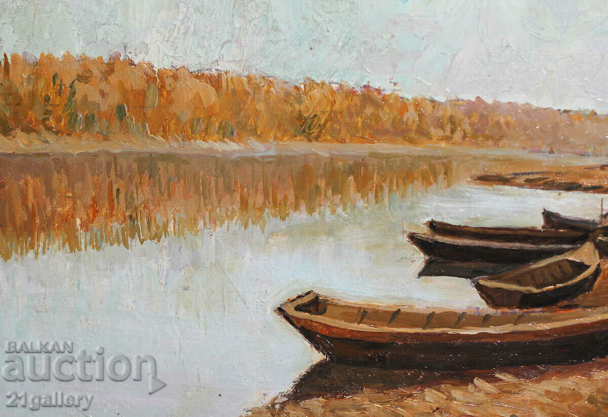 Auction  Stefan Dimitrov (1938) landscape with boats, oil paints