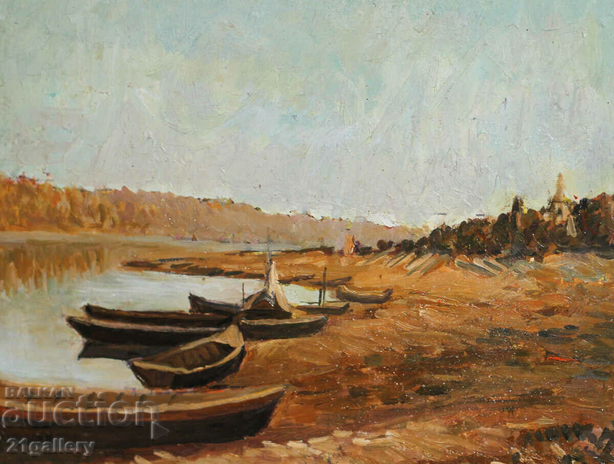 Stefan Dimitrov (1938) landscape with boats, oil paints - 5