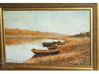 Stefan Dimitrov (1938) landscape with boats, oil paints