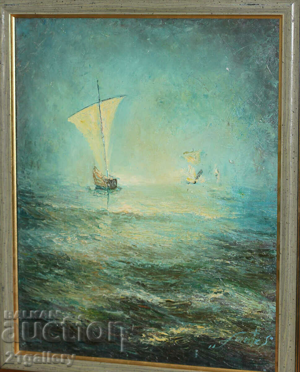 Seascape with a ship, oil on canvas, signed with price 450.00 BGN | € 230.08