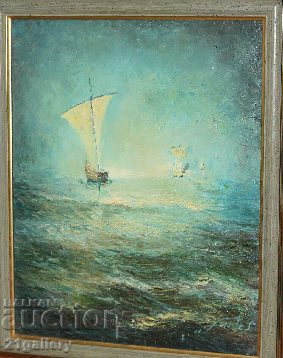 Seascape with a ship, oil on canvas, signed