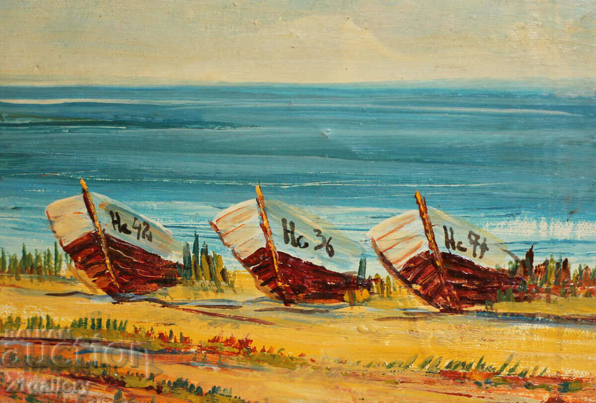 Borislav Tsanov - seascape with fishing boats, oil paints - 7