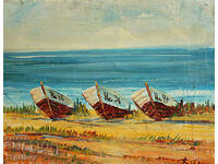 Borislav Tsanov - seascape with fishing boats, oil paints