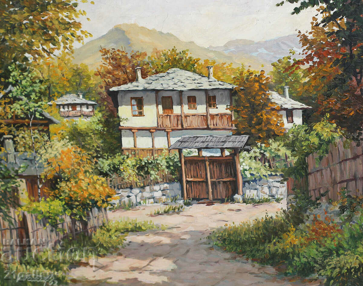 Селски пейзаж, къщи , маслени бои, подписана 2002г.