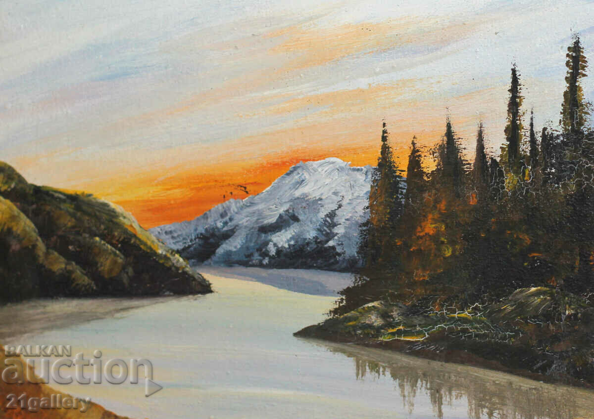 Auction Lake landscape, oil paints, signed 1994. Auction Lake landscape, oil paints, signed 1994.