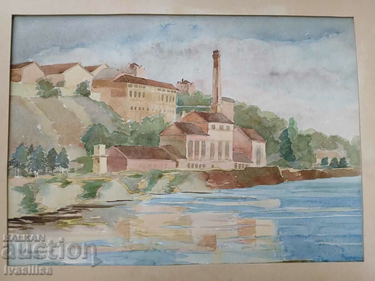 Old watercolor 1956. Lake Varna and the old factory