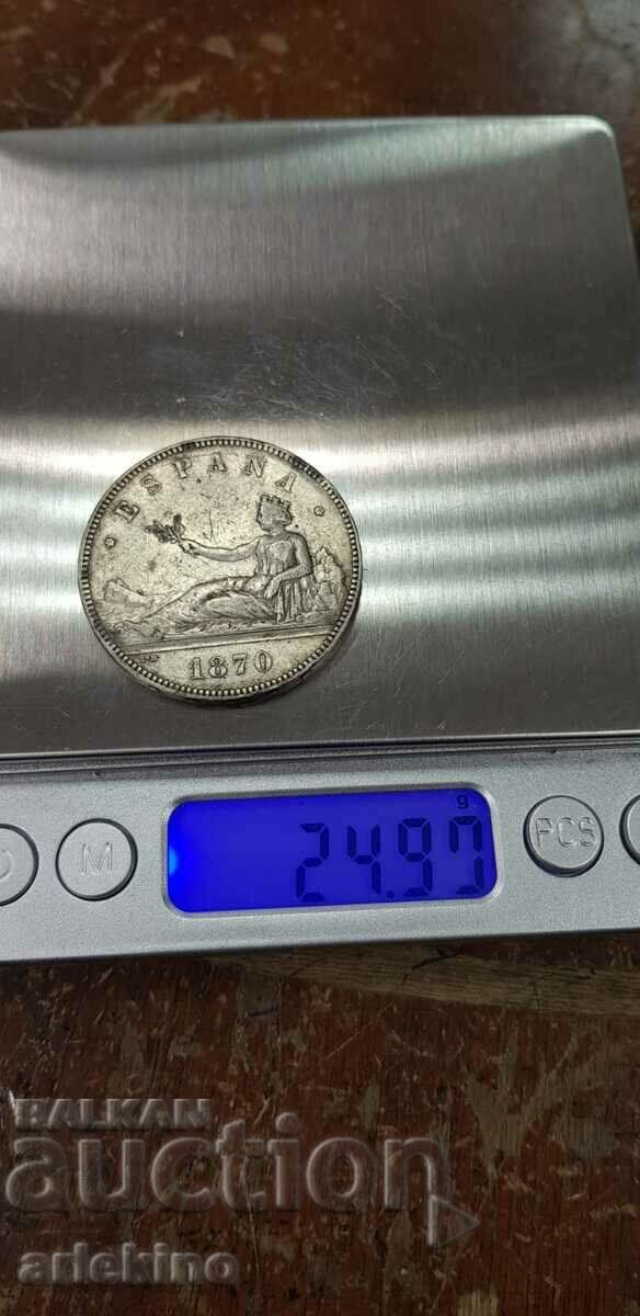 Rare silver coin 5 pesetas 1870 - Spain - 7 Rare silver coin 5 pesetas 1870 - Spain - 7