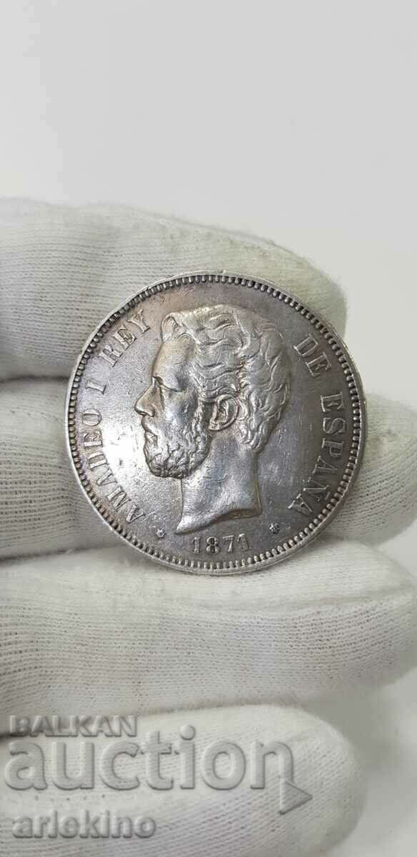 Rare silver coin 5 pesetas 1871 - Spain