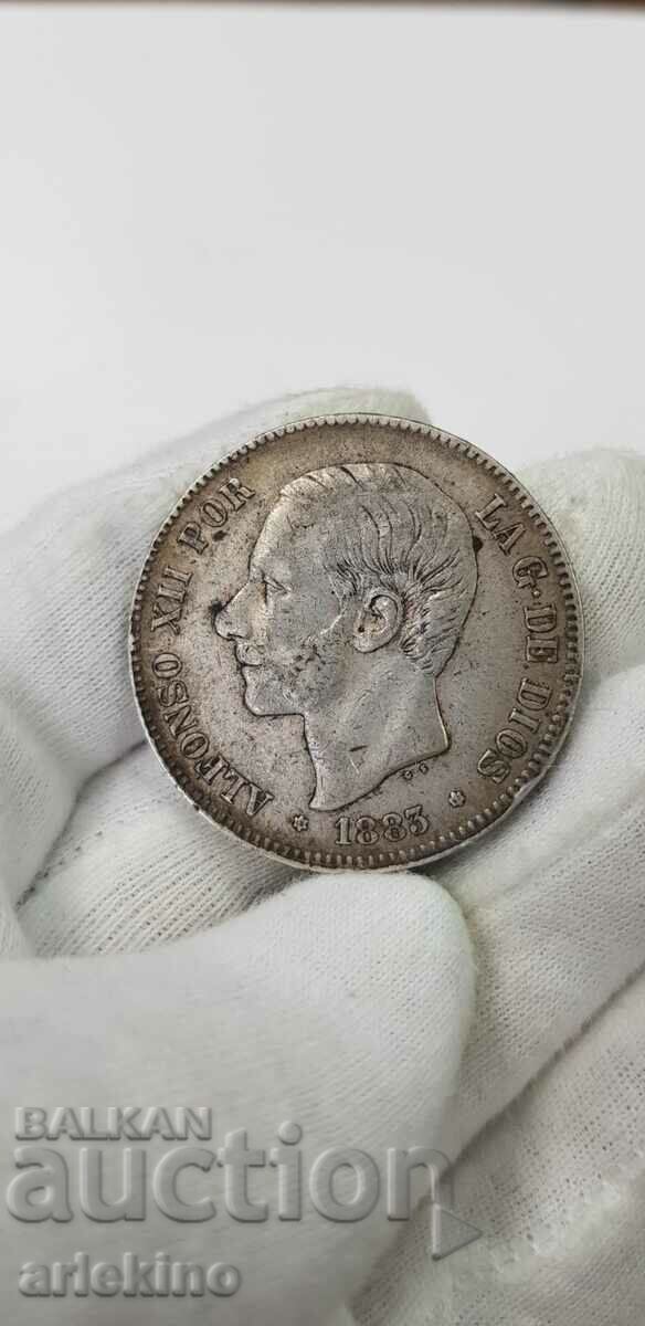 Rare Silver Coin 5 Pesetas 1883 - Spain