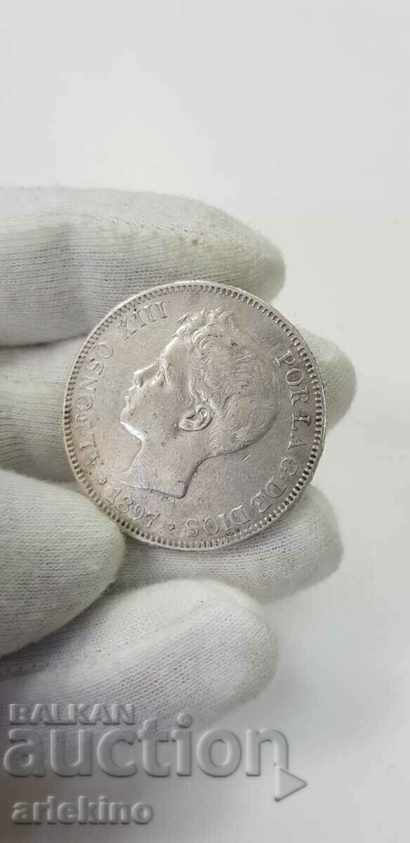 Rare Silver Coin 5 Pesetas 1897 - Spain