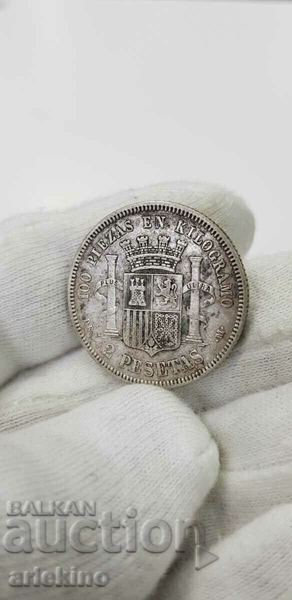 Рядка сребърна монета 2 песети 1870 г. - Испания с цена 120.00 лв. | € 61.36 Рядка сребърна монета 2 песети 1870 г. - Испания с цена 120.00 лв. | € 61.36