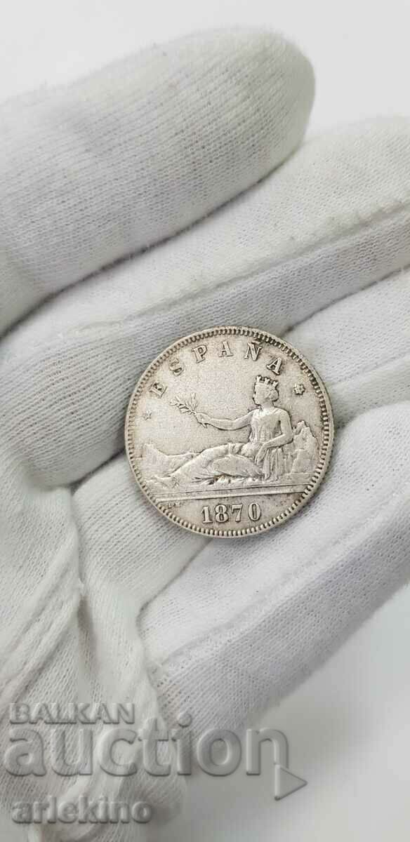 Rare Silver Coin 2 Pesetas 1870 - Spain - 6