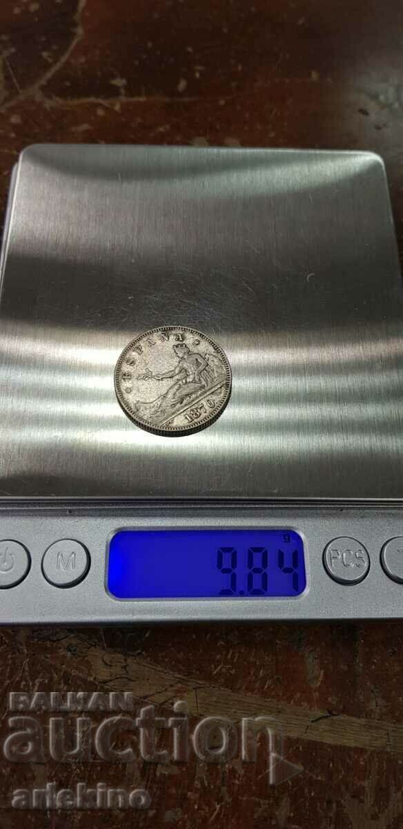Monedă rară de argint 2 pesetas 1870 - Spania - 7