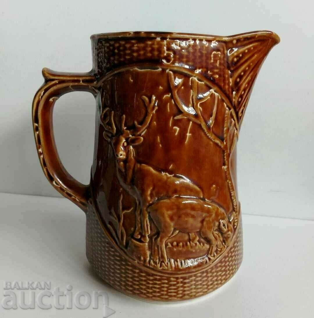 . LARGE CERAMIC BULGARIAN JUG WINE HUNTING MOTIVES DEER HUNTING with price 25.00 BGN | € 12.78