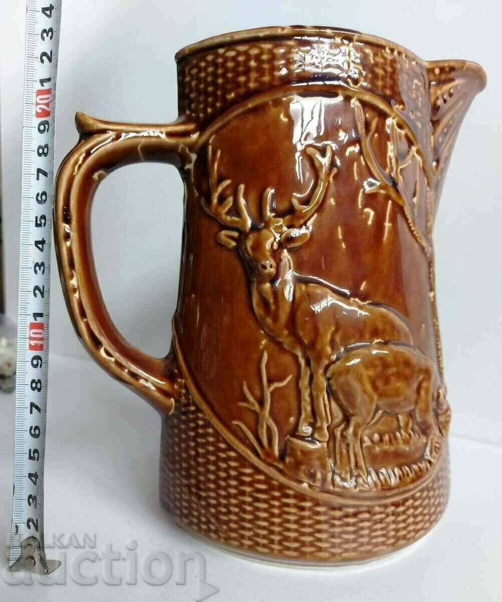 Delivery of . LARGE CERAMIC BULGARIAN JUG WINE HUNTING MOTIVES DEER HUNTING