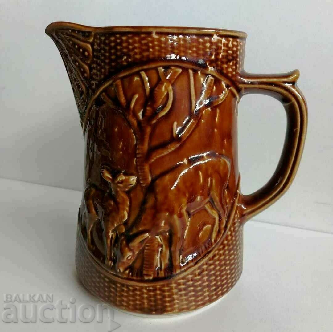 . LARGE CERAMIC BULGARIAN JUG WINE HUNTING MOTIVES DEER HUNTING