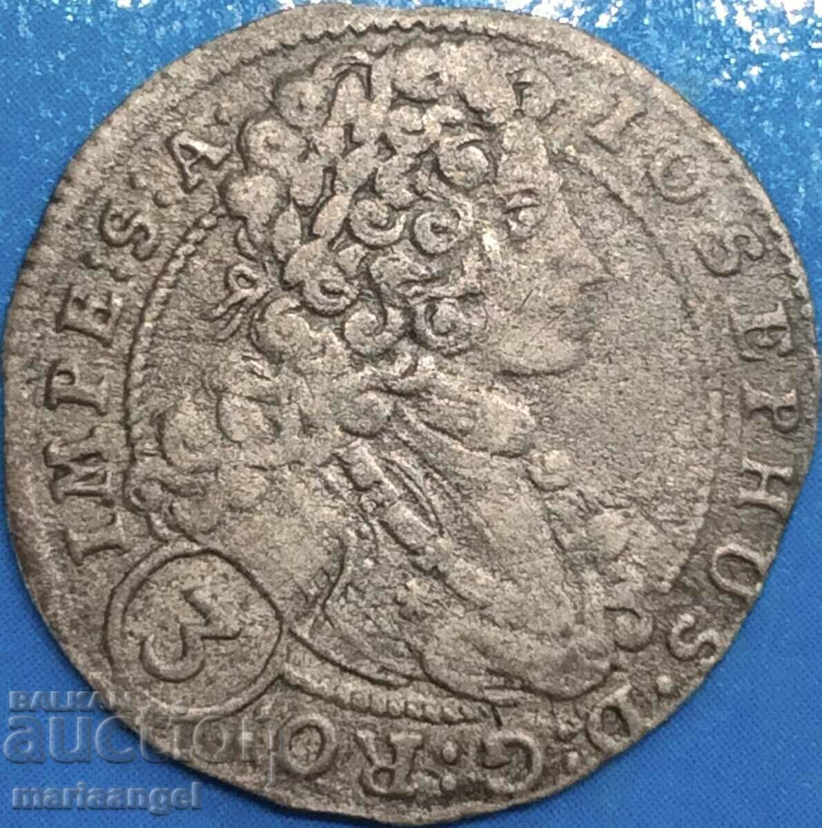 Joseph I 3 Kreuzer 1709 Austria Bohemia RDR - rare