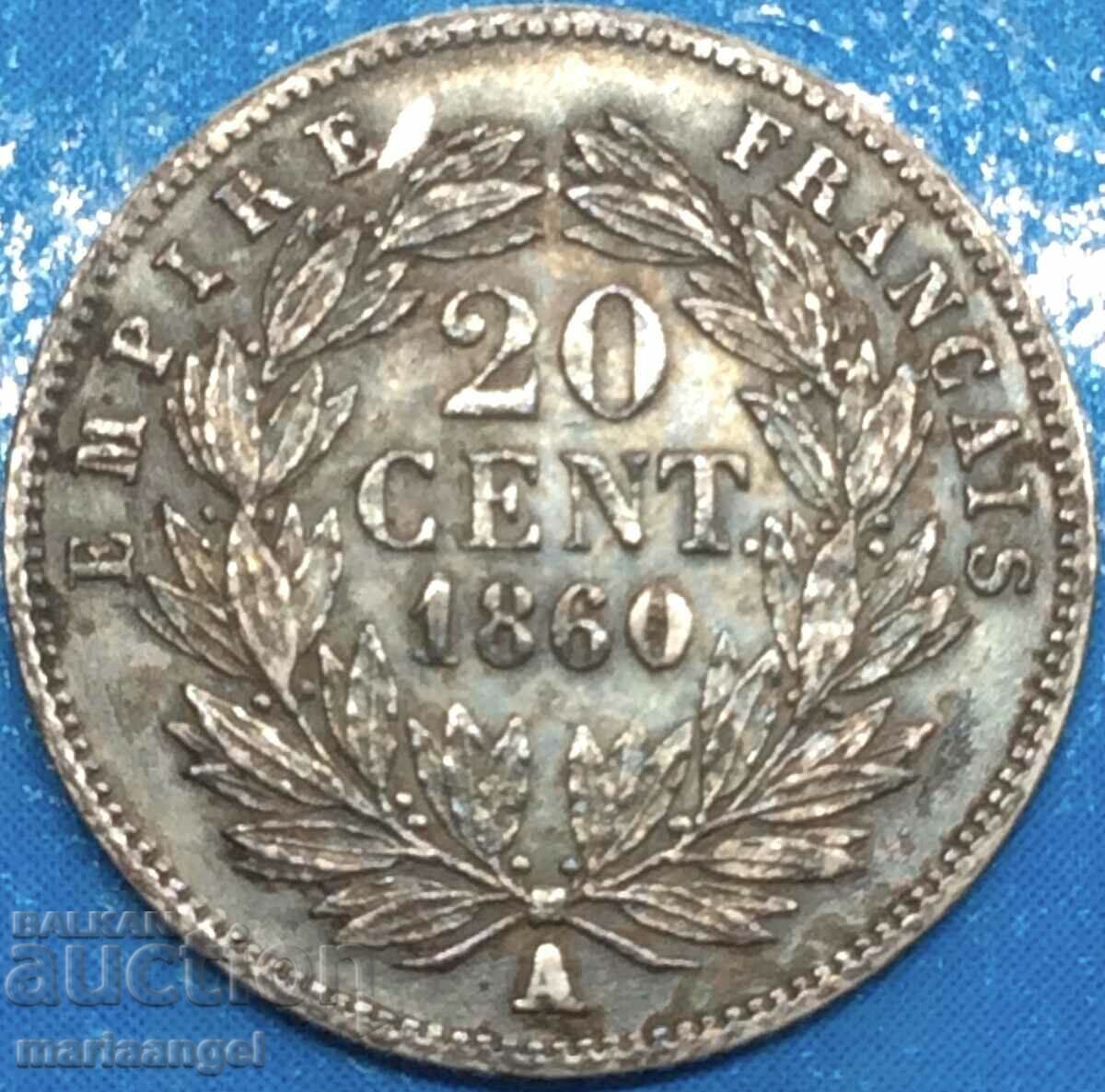 20 centimes 1860 France A-Paris Napoleon III silver